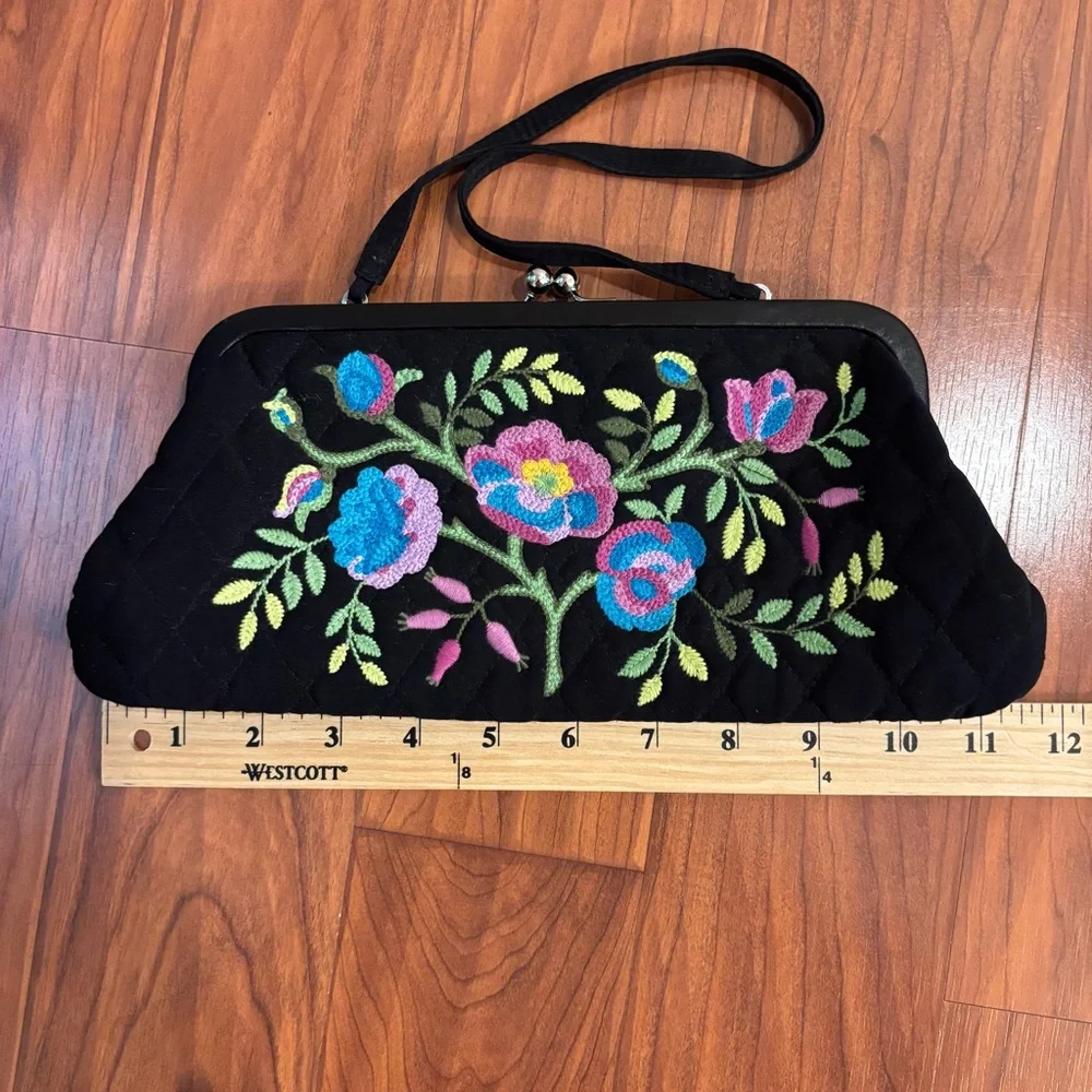 Vera Bradley Veronique Clutch Handbag Black Quilted Microfiber Floral Embroidery
